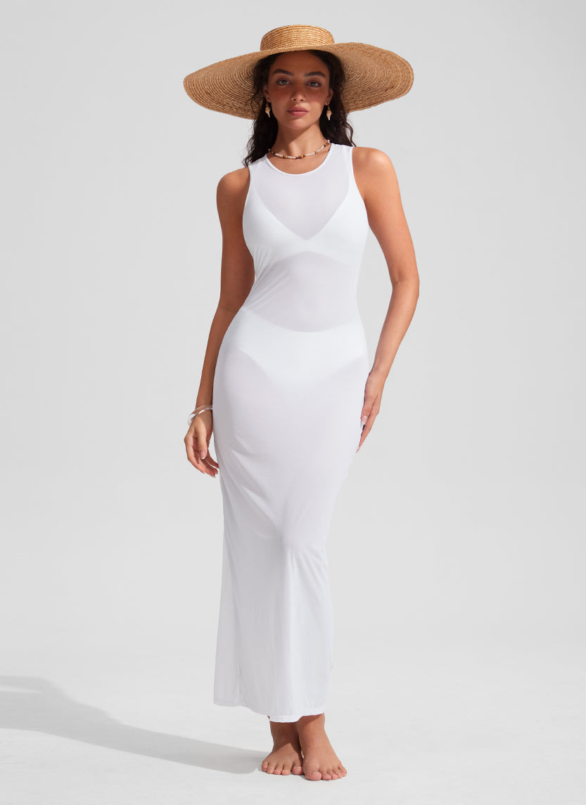 Mesh Midi Sleeveless Swimsuit Coverup with Back Slit