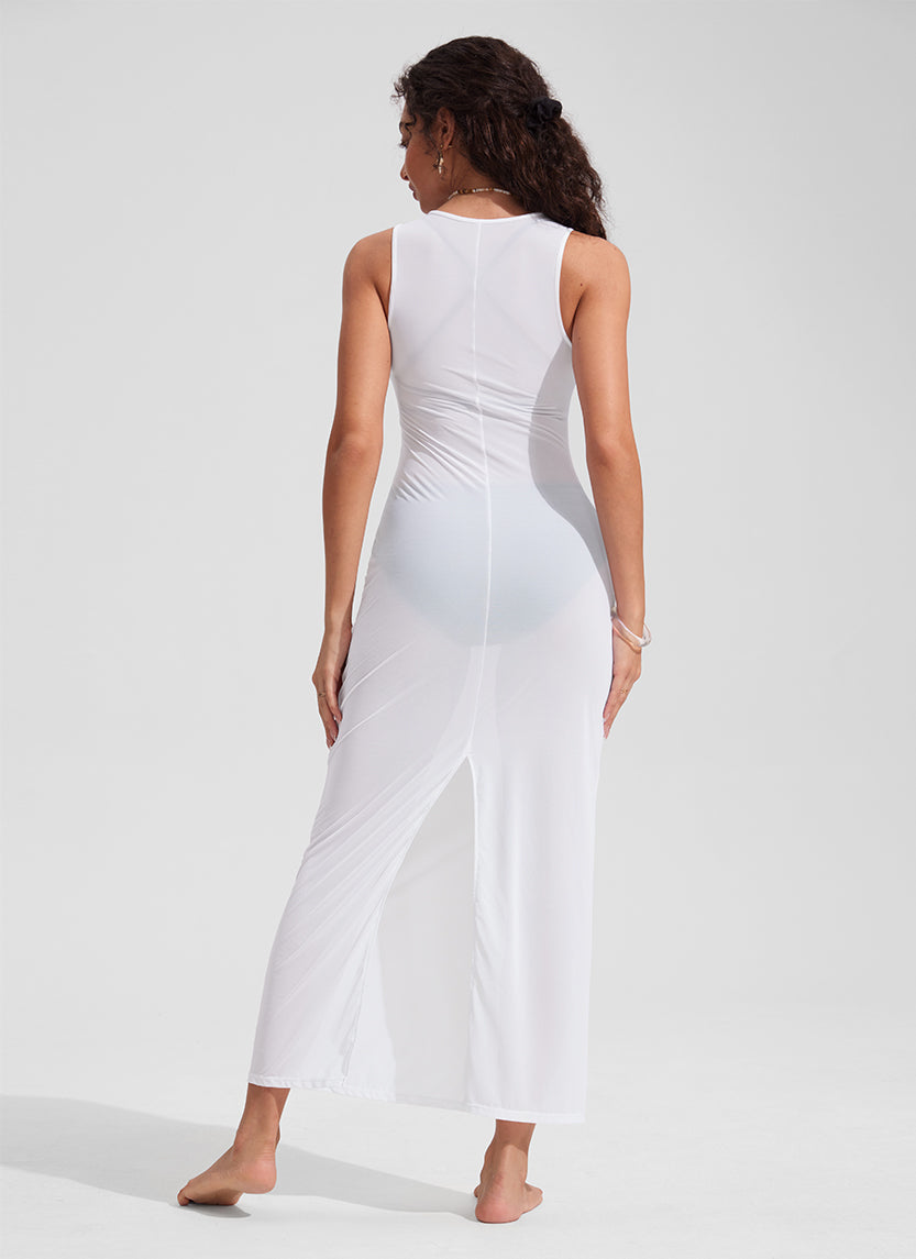 Mesh Midi Sleeveless Swimsuit Coverup with Back Slit