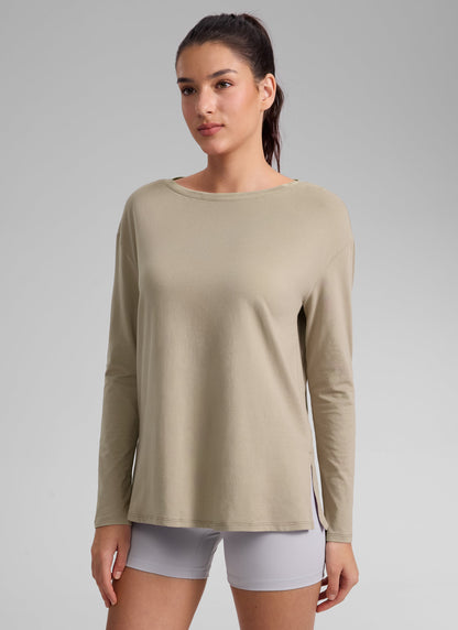 Cotton-Blend Boat Neck Long Sleeve